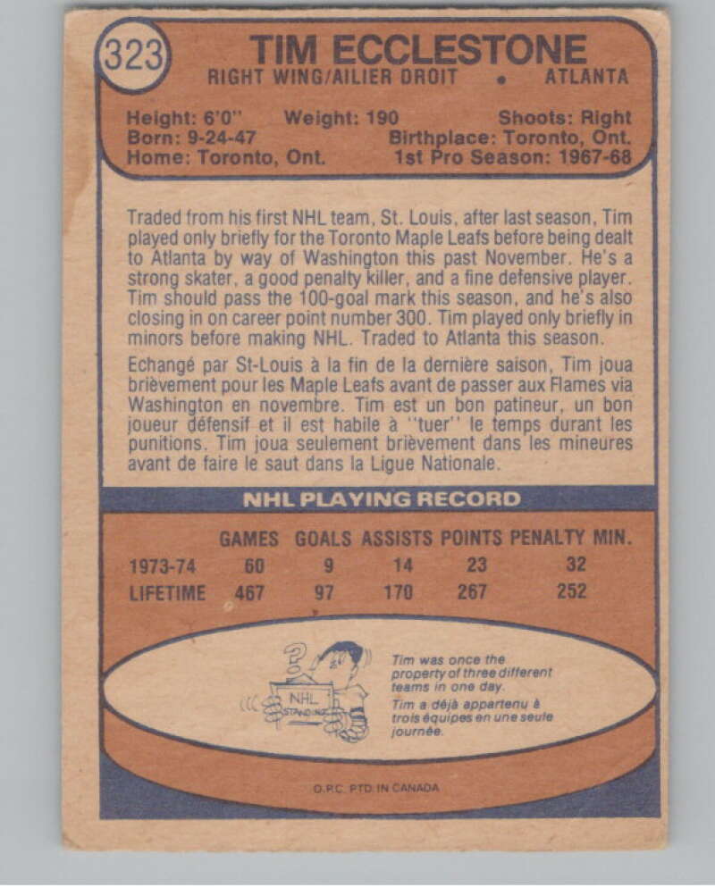 1974-75 O-Pee-Chee #323 Tim Ecclestone NHL Toronto Maple Leafs V103431 Image 2