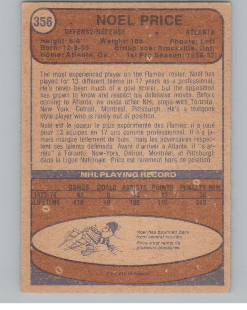 1974-75 O-Pee-Chee #356 Noel Price NHL Atlanta Flames V103441 Image 2