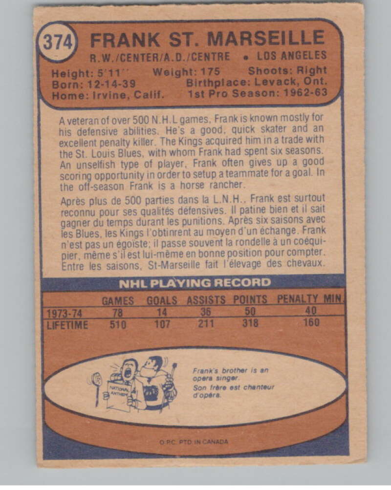 1974-75 O-Pee-Chee #374 Frank St. Marseille NHL Los Angeles Kings V103443 Image 2