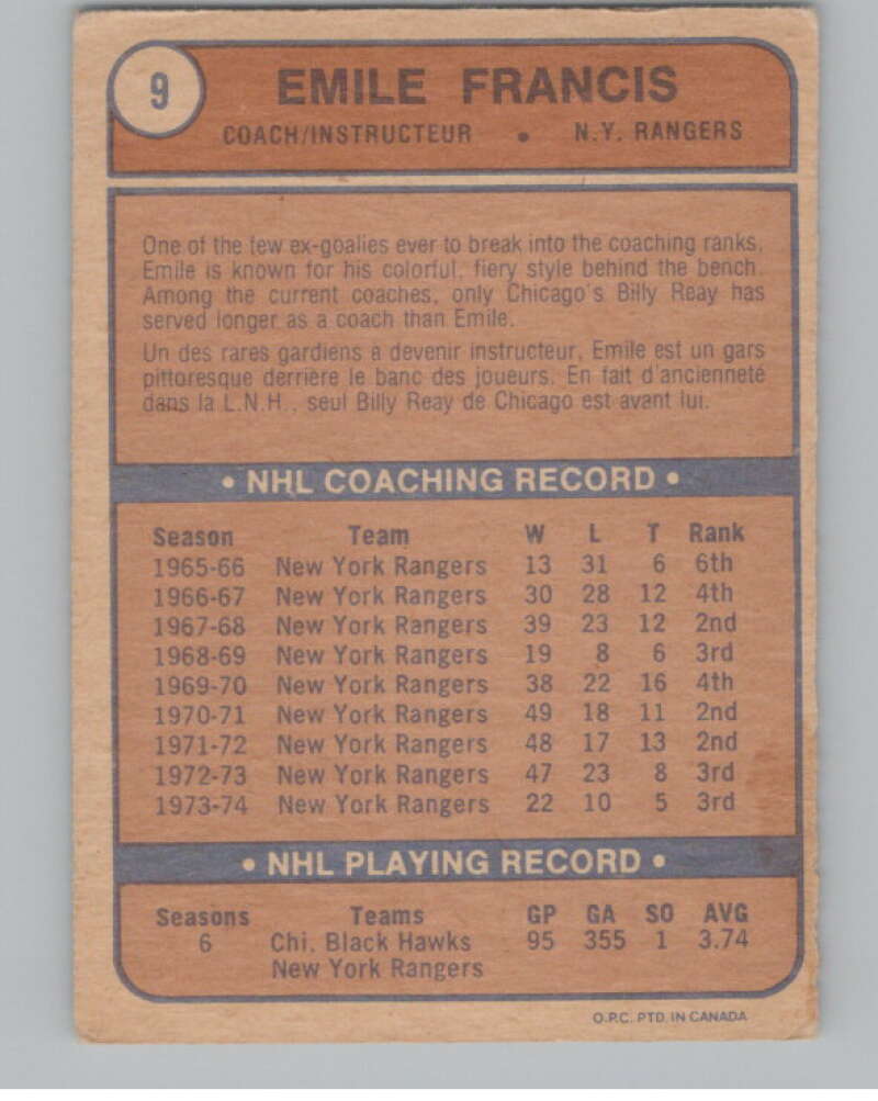 1974-75 O-Pee-Chee #9 Emile Francis CO New York Rangers V103455 Image 2