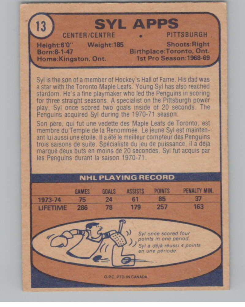 1974-75 O-Pee-Chee #13 Syl Apps Jr. Pittsburgh Penguins V103459 Image 2