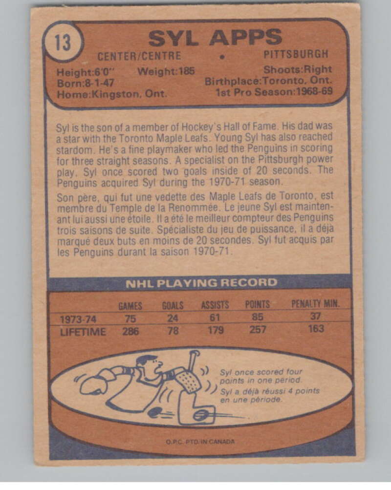 1974-75 O-Pee-Chee #13 Syl Apps Jr. Pittsburgh Penguins V103460 Image 2