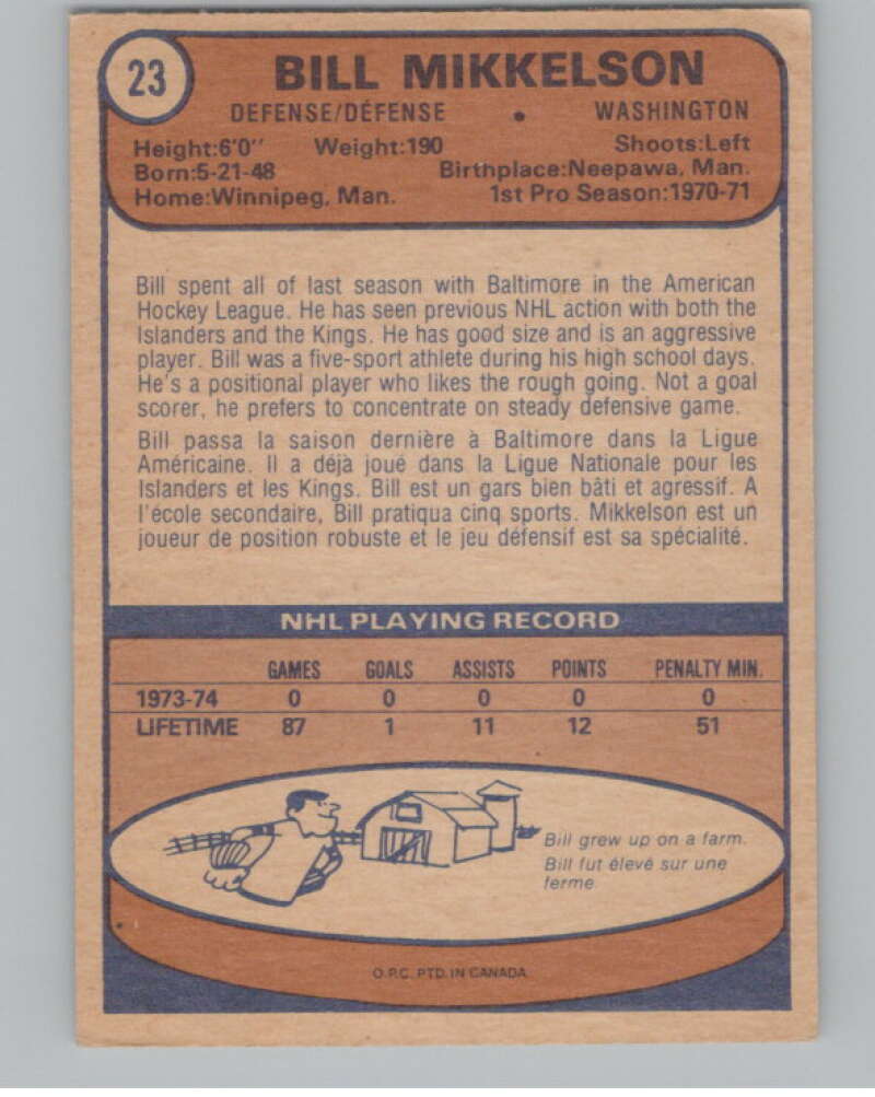 1974-75 O-Pee-Chee #23 Bill Mikkelson Washington Capitals V103468 Image 2