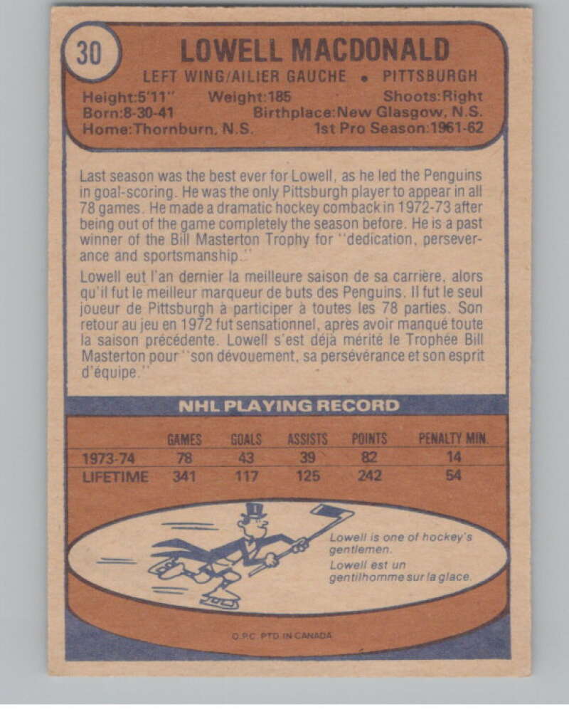 1974-75 O-Pee-Chee #30 Lowell MacDonald UER Pittsburgh Penguins V103471 Image 2