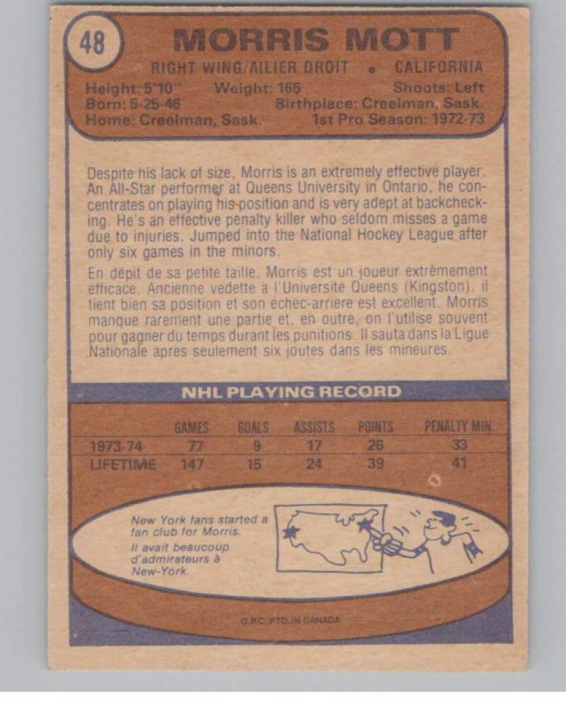 1974-75 O-Pee-Chee #48 Morris Mott RC Rookie Golden Seals V103488 Image 2