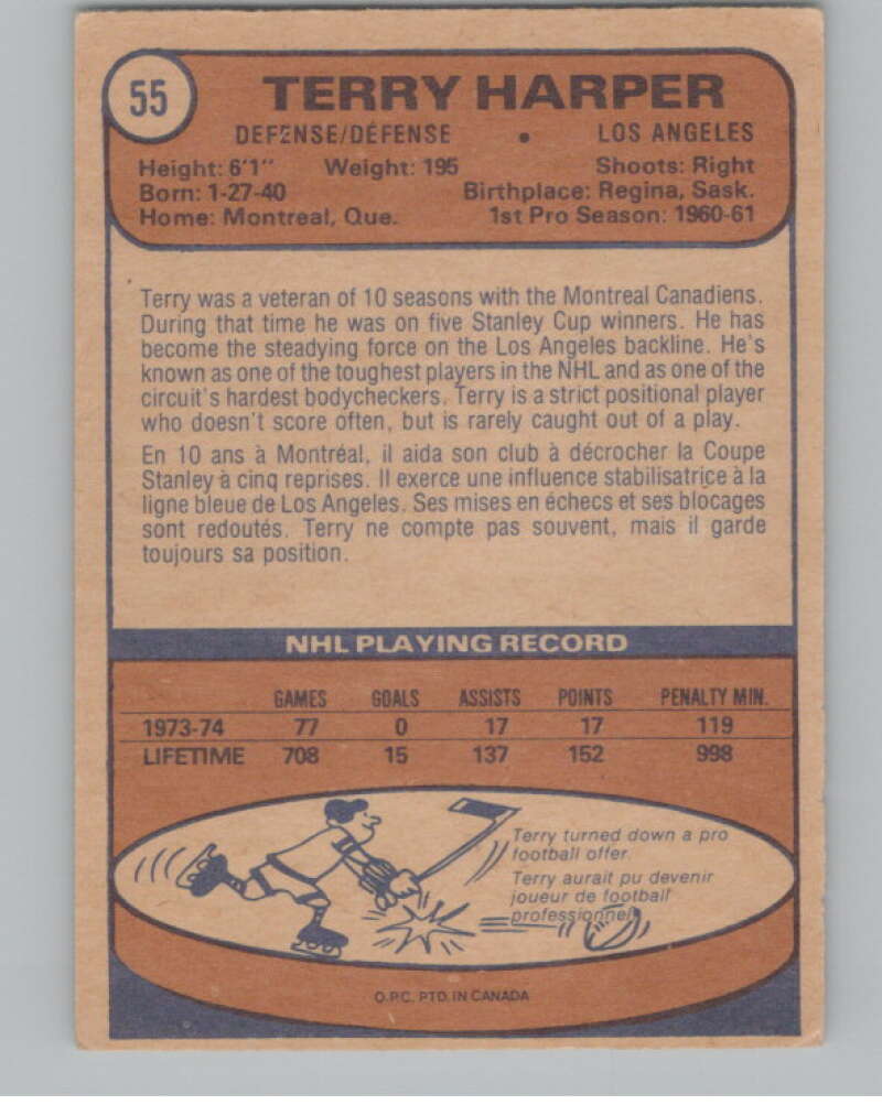 1974-75 O-Pee-Chee #55 Terry Harper Los Angeles Kings V103496 Image 2