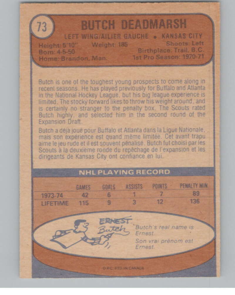 1974-75 O-Pee-Chee #73 Butch Deadmarsh Kansas City Scouts V103510 Image 2