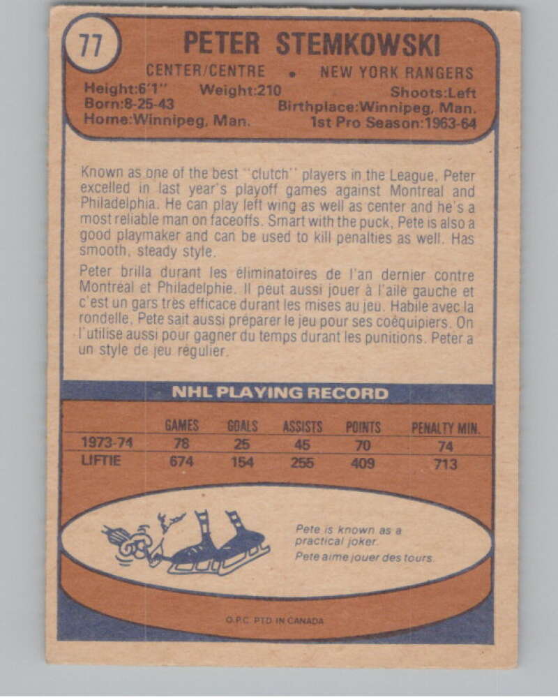 1974-75 O-Pee-Chee #77 Pete Stemkowski New York Rangers V103516 Image 2