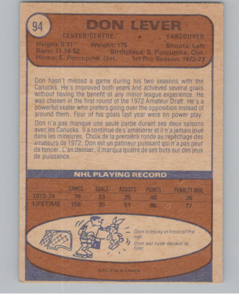 1974-75 O-Pee-Chee #94 Don Lever Vancouver Canucks V103530 Image 2