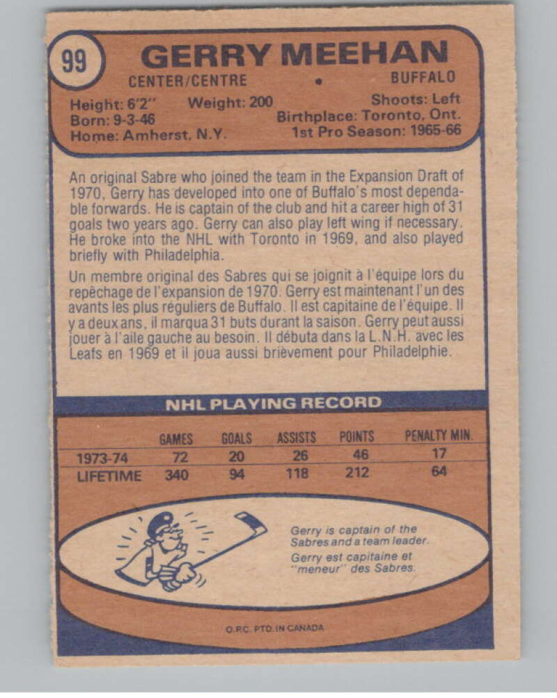 1974-75 O-Pee-Chee #99 Gerry Meehan Buffalo Sabres V103535 Image 2