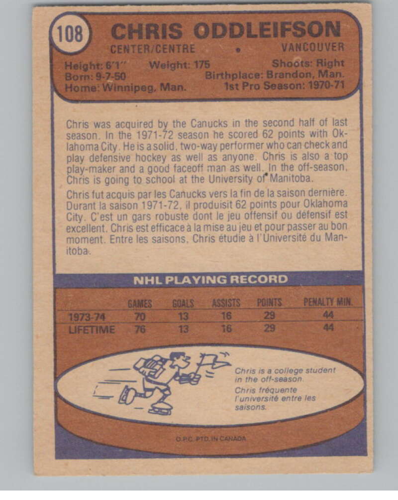 1974-75 O-Pee-Chee #108 Chris Oddleifson RC Rookie Canucks V103546 Image 2