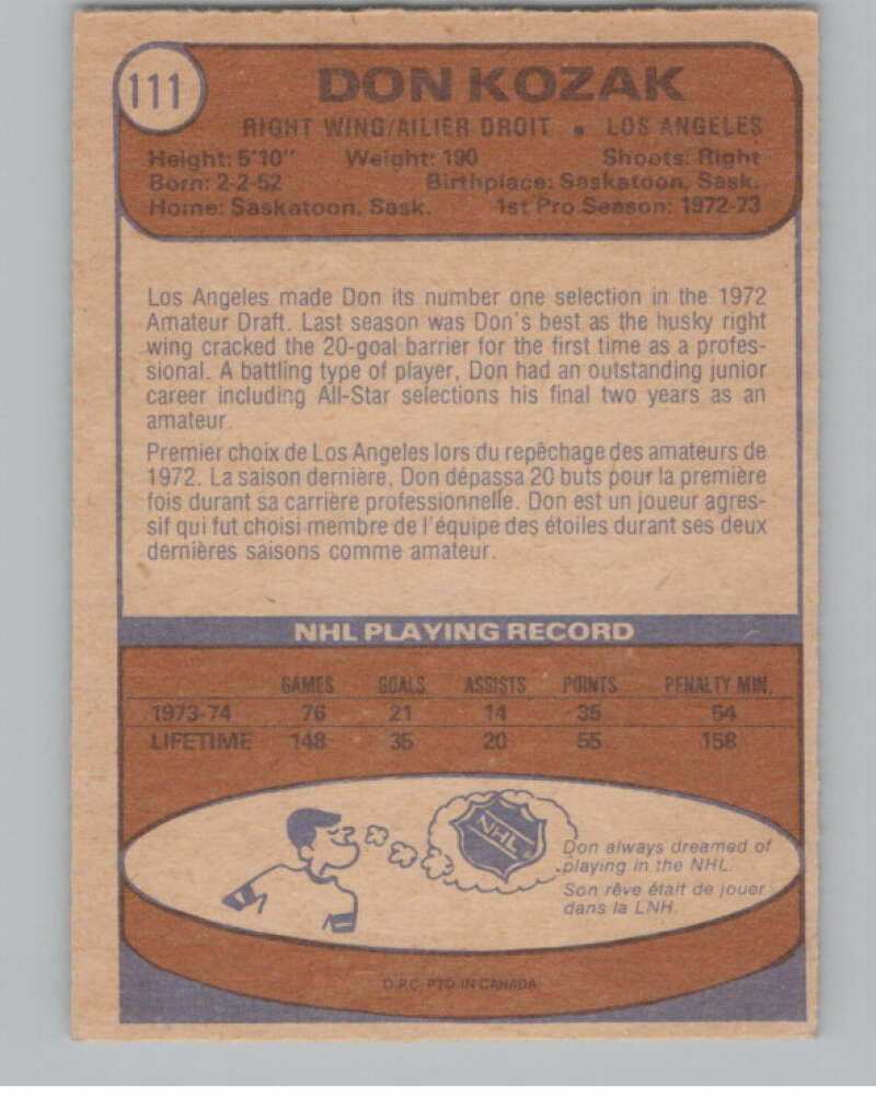 1974-75 O-Pee-Chee #111 Don Kozak RC Rookie Los Angeles Kings V103555 Image 2