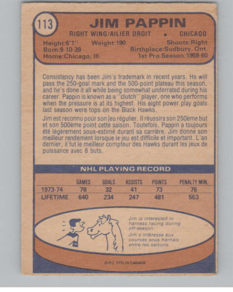 1974-75 O-Pee-Chee #113 Jim Pappin V103559 Image 2