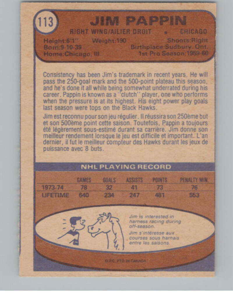 1974-75 O-Pee-Chee #113 Jim Pappin V103561 Image 2