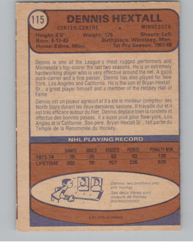 1974-75 O-Pee-Chee #115 Dennis Hextall Minnesota North Stars V103563 Image 2