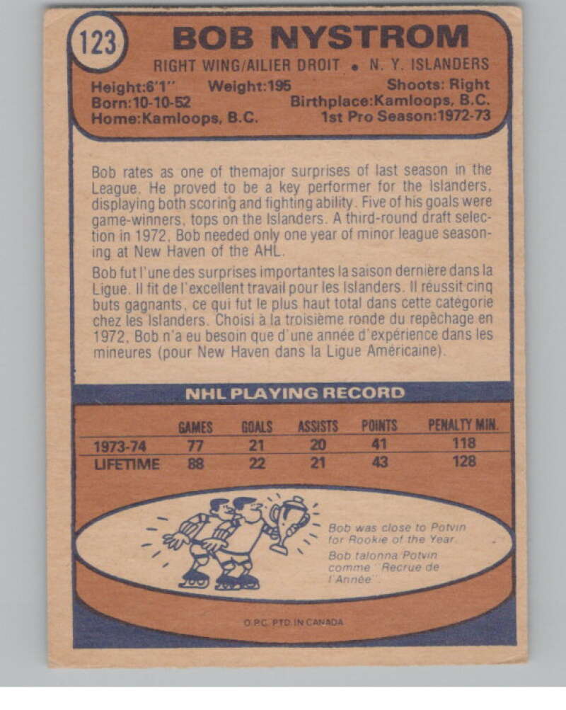 1974-75 O-Pee-Chee #123 Bob Nystrom New York Islanders V103571 Image 2