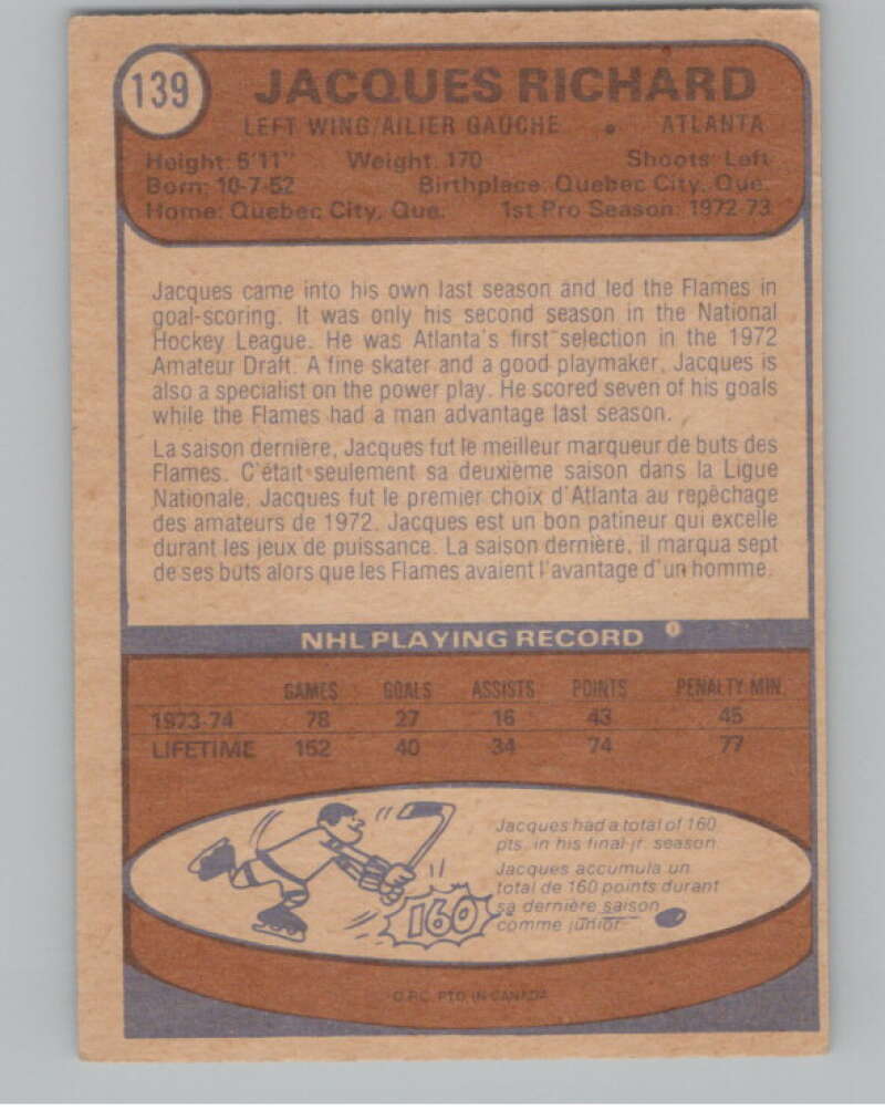 1974-75 O-Pee-Chee #139 Jacques Richard Atlanta Flames V103589 Image 2