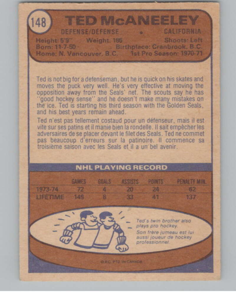 1974-75 O-Pee-Chee #148 Ted McAneeley California Golden Seals V103596 Image 2