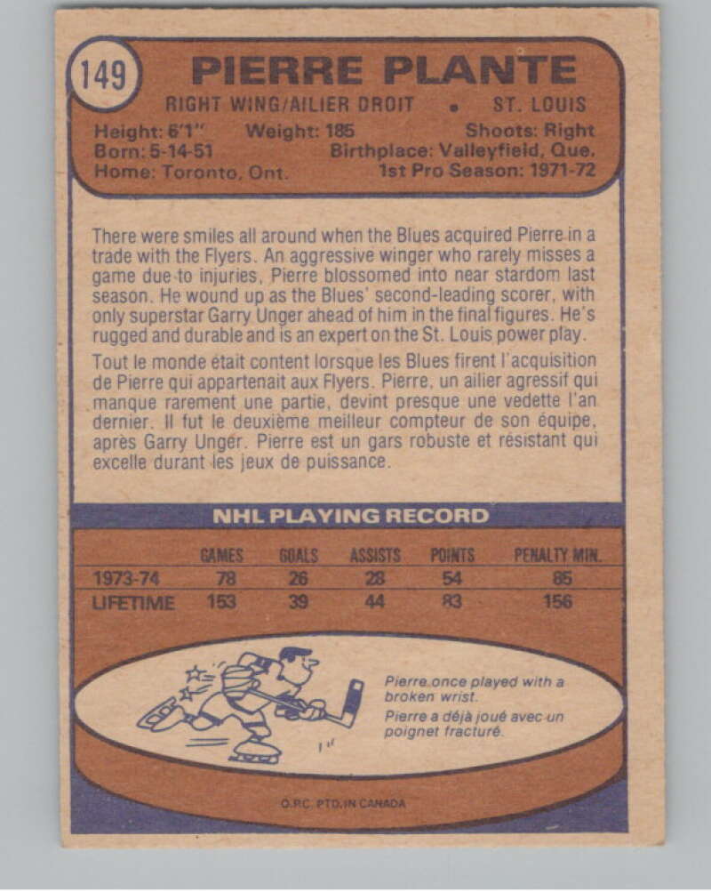 1974-75 O-Pee-Chee #149 Pierre Plante St. Louis Blues V103597 Image 2