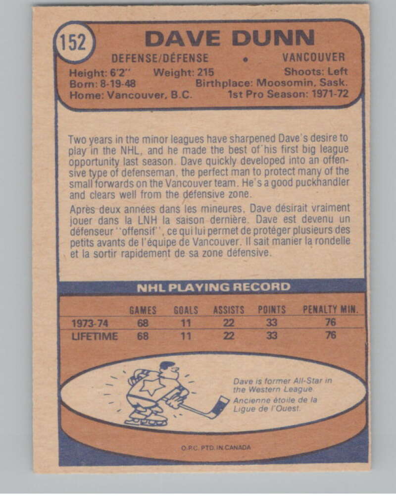 1974-75 O-Pee-Chee #152 Dave Dunn RC Rookie Vancouver Canucks V103600 Image 2