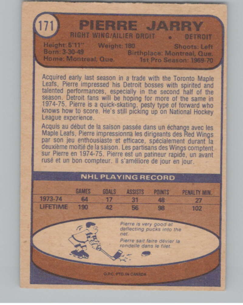 1974-75 O-Pee-Chee #171 Pierre Jarry Detroit Red Wings V103626 Image 2