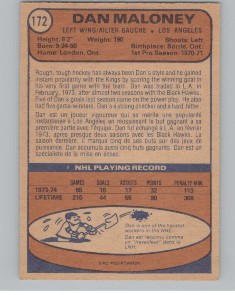 1974-75 O-Pee-Chee #172 Dan Maloney Los Angeles Kings V103629 Image 2