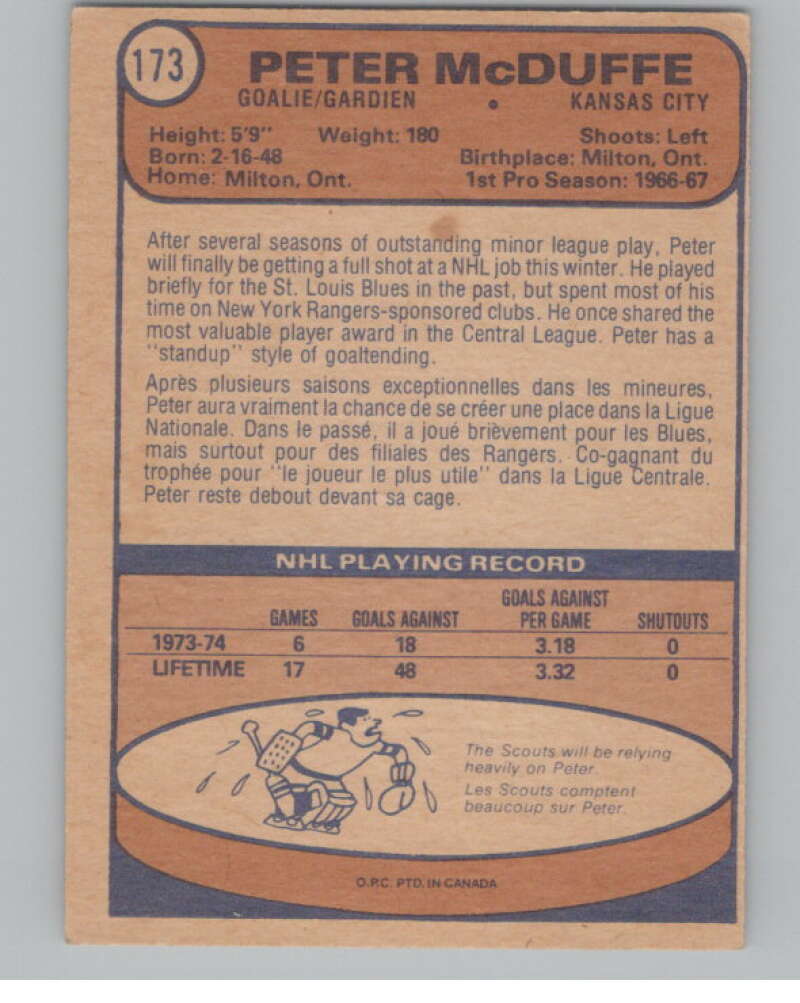 1974-75 O-Pee-Chee #173 Peter McDuffe Kansas City Scouts V103630 Image 2