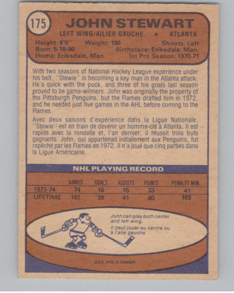 1974-75 O-Pee-Chee #175 John Stewart RC Rookie Golden Seals V103635 Image 2