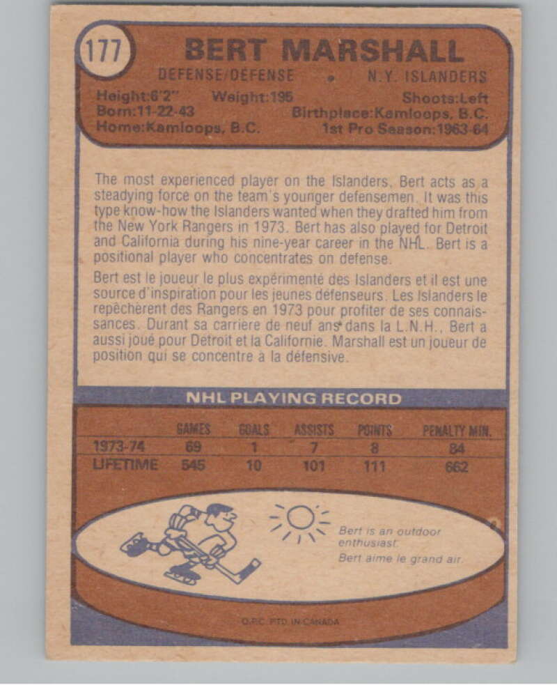 1974-75 O-Pee-Chee #177 Bert Marshall New York Islanders V103637 Image 2
