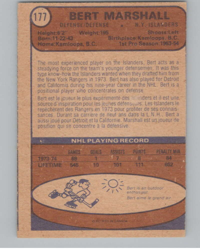 1974-75 O-Pee-Chee #177 Bert Marshall New York Islanders V103638 Image 2