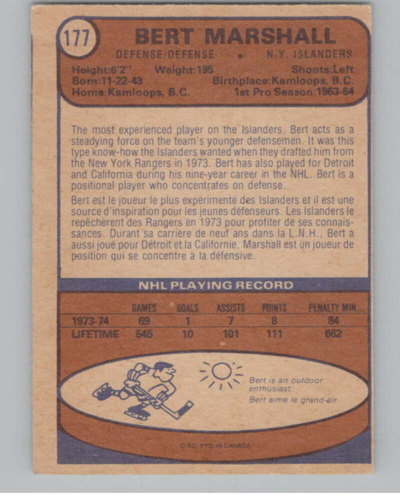 1974-75 O-Pee-Chee #177 Bert Marshall New York Islanders V103639 Image 2
