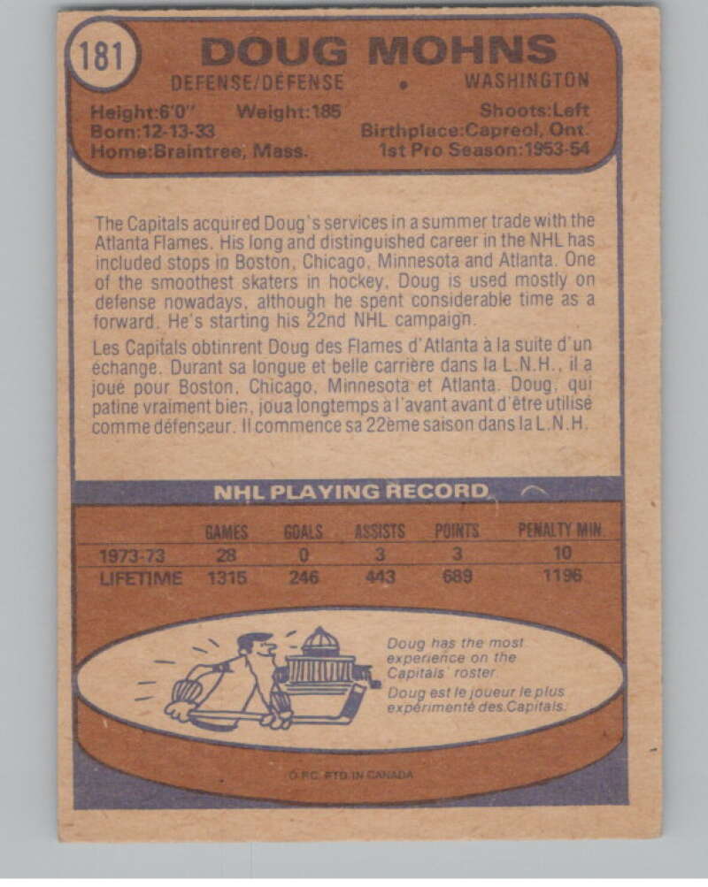 1974-75 O-Pee-Chee #181 Doug Mohns Washington Capitals V103641 Image 2