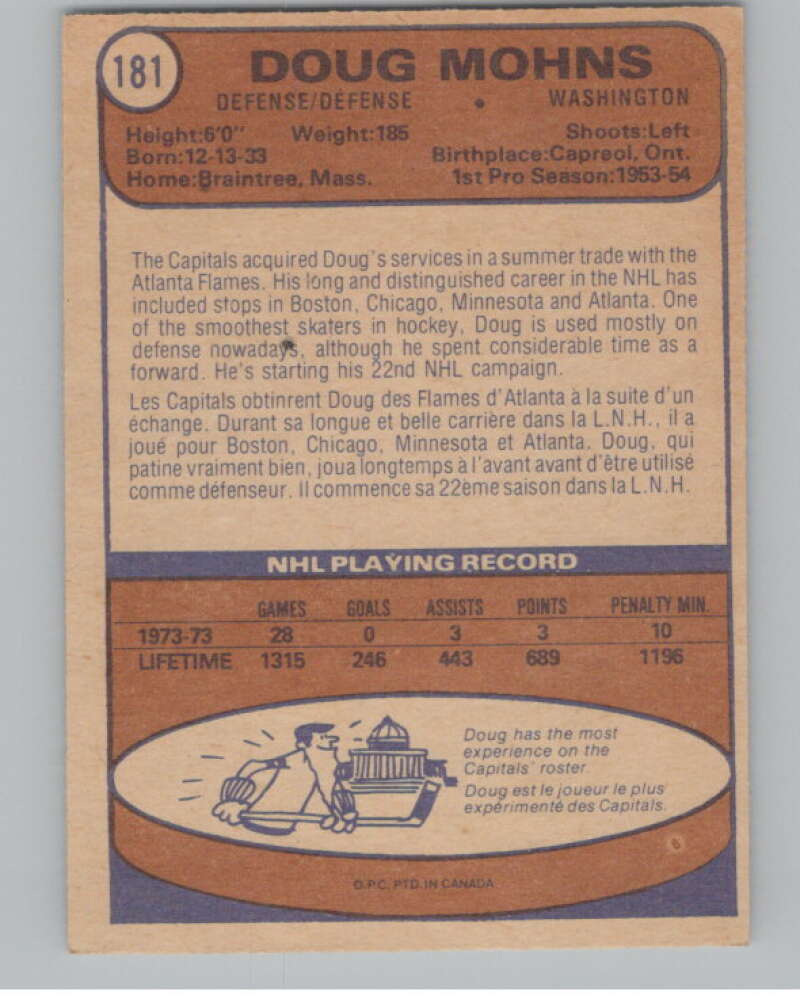 1974-75 O-Pee-Chee #181 Doug Mohns Washington Capitals V103642 Image 2