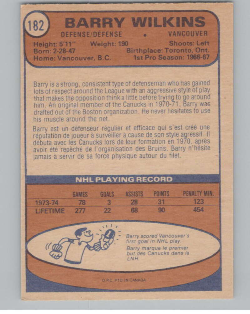 1974-75 O-Pee-Chee #182 Barry Wilkins Vancouver Canucks V103643 Image 2
