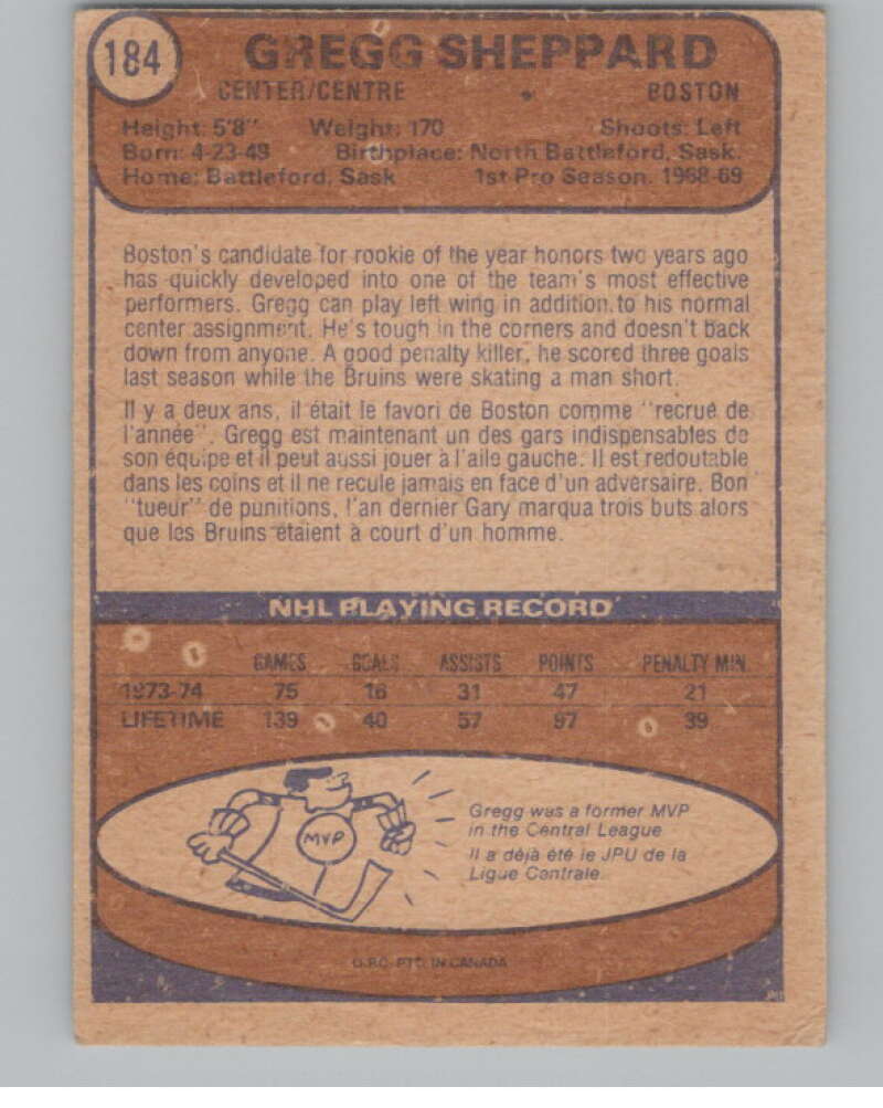 1974-75 O-Pee-Chee #184 Gregg Sheppard Boston Bruins V103651 Image 2