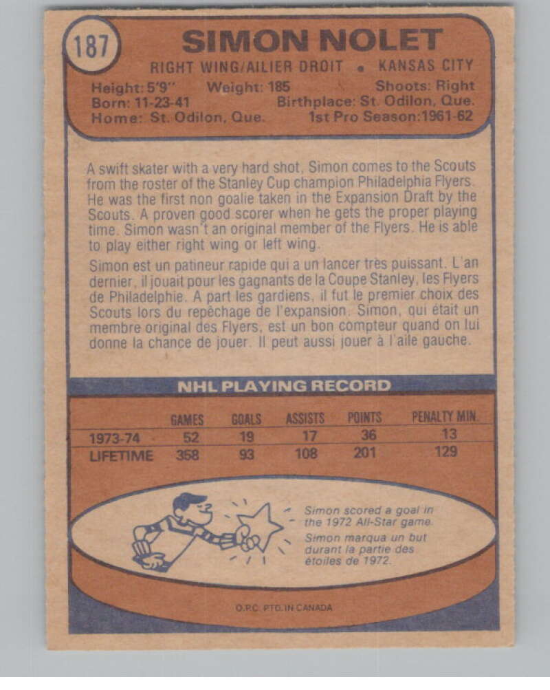 1974-75 O-Pee-Chee #187 Simon Nolet Kansas City Scouts V103660 Image 2