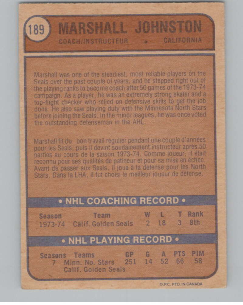 1974-75 O-Pee-Chee #189 Marshall Johnston California Golden Seals V103665 Image 2