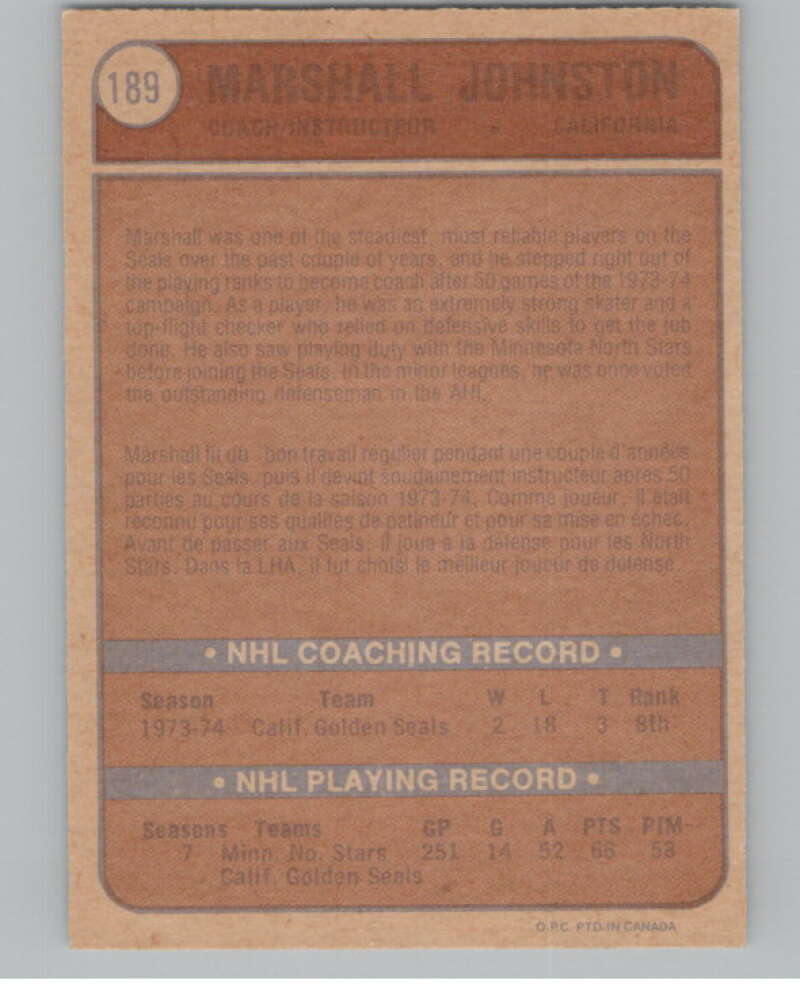 1974-75 O-Pee-Chee #189 Marshall Johnston California Golden Seals V103667 Image 2