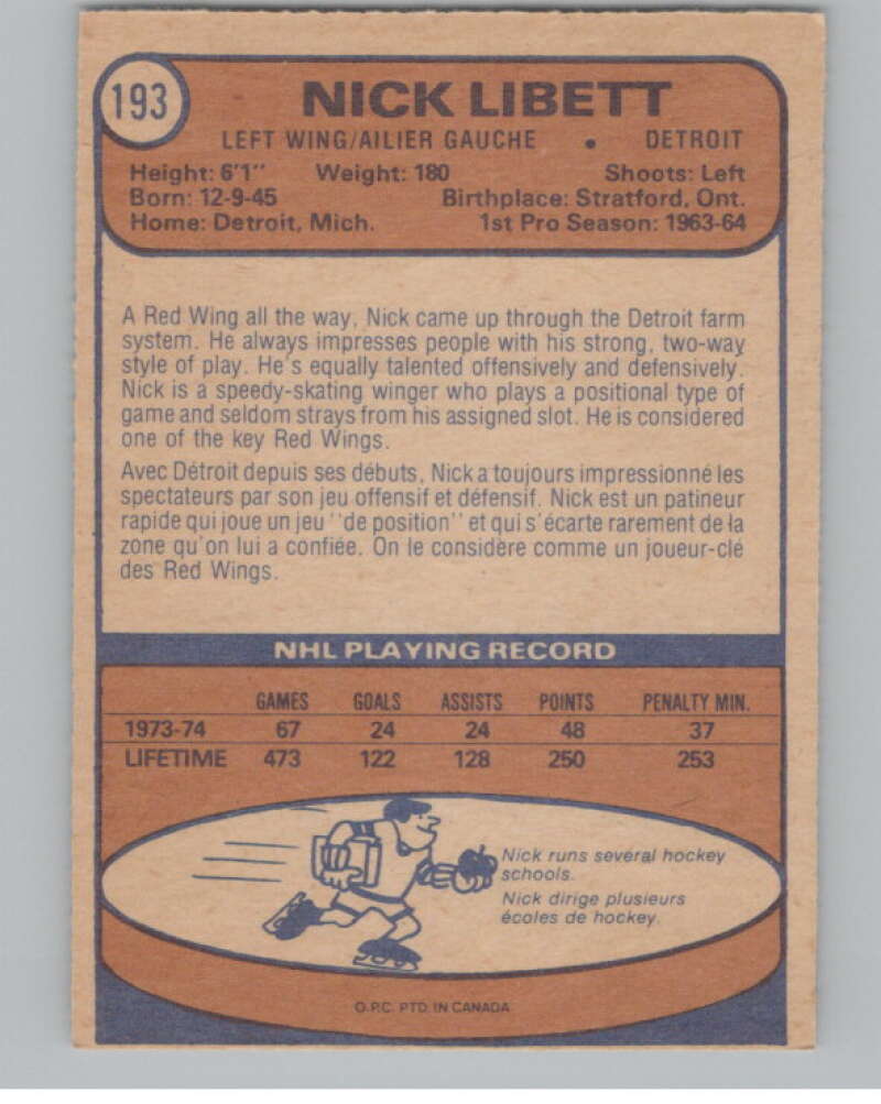 1974-75 O-Pee-Chee #193 Nick Libett Detroit Red Wings V103673 Image 2