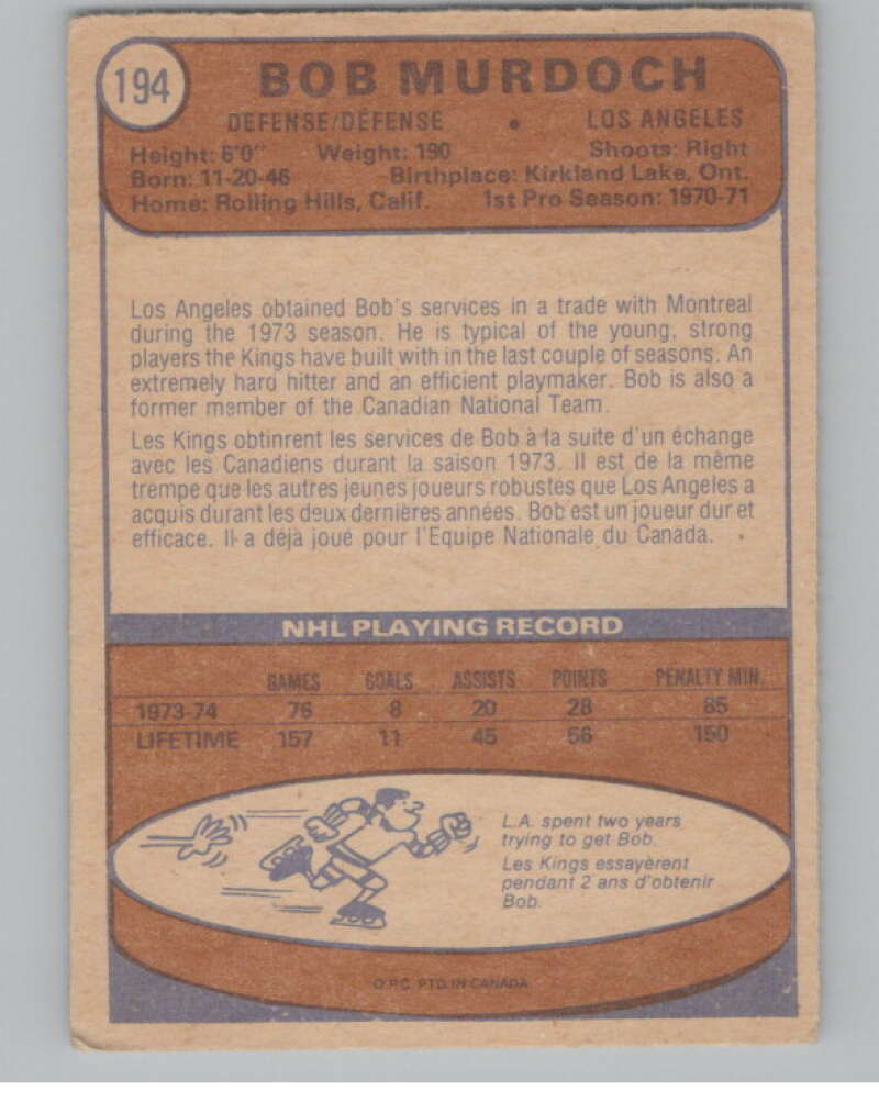 1974-75 O-Pee-Chee #194 Bob Murdoch RC Rookie Los Angeles Kings V103675 Image 2