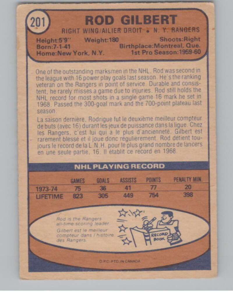 1974-75 O-Pee-Chee #201 Rod Gilbert New York Rangers V103685 Image 2