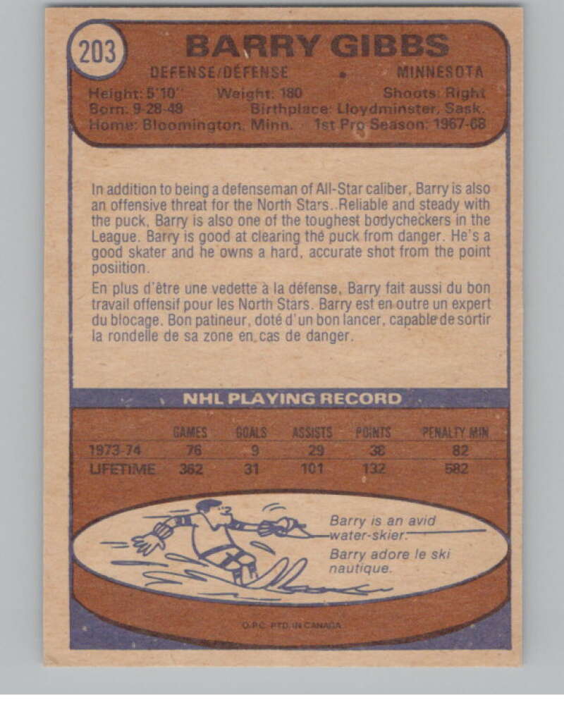 1974-75 O-Pee-Chee #203 Barry Gibbs Minnesota North Stars V103687 Image 2
