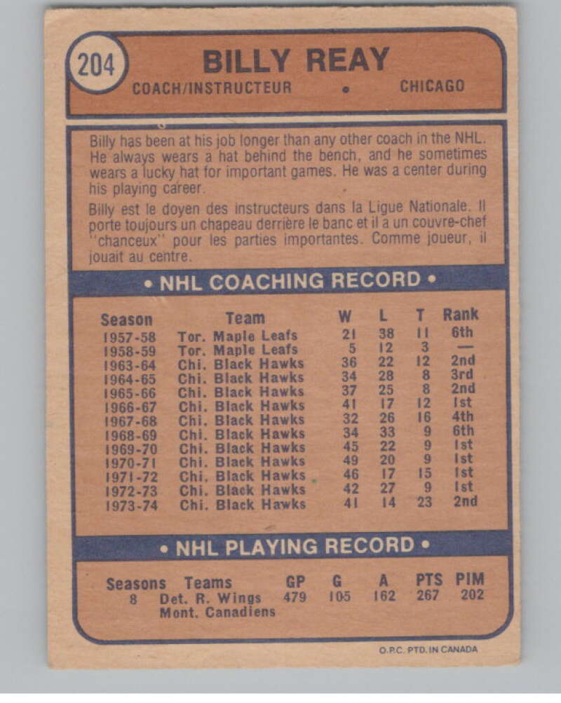 1974-75 O-Pee-Chee #204 Billy Reay CO Chicago Blackhawks V103688 Image 2