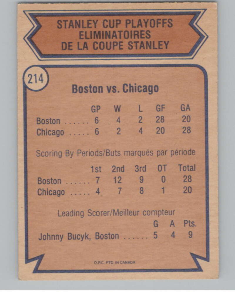 1974-75 O-Pee-Chee #214 Semifinals Bruins over Blackhawks V103695 Image 2