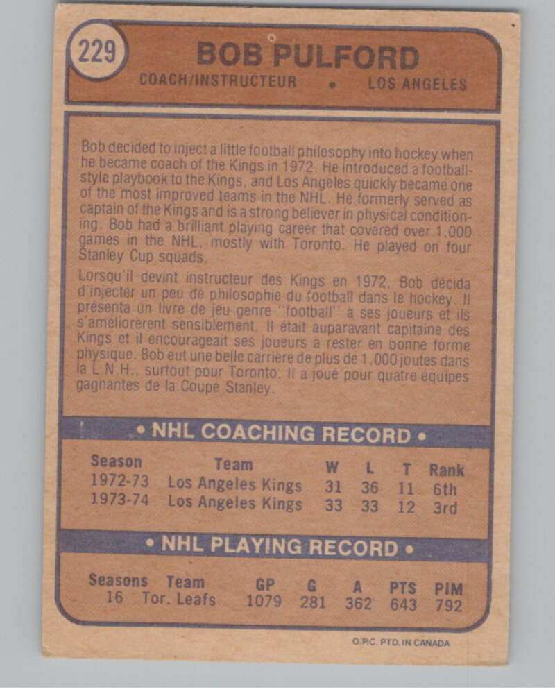 1974-75 O-Pee-Chee #229 Bob Pulford CO Los Angeles Kings V103714 Image 2