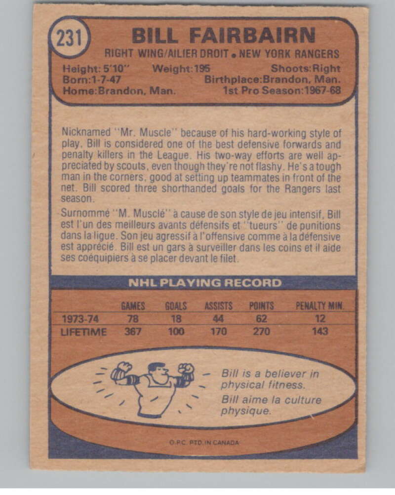 1974-75 O-Pee-Chee #231 Bill Fairbairn New York Rangers V103717 Image 2