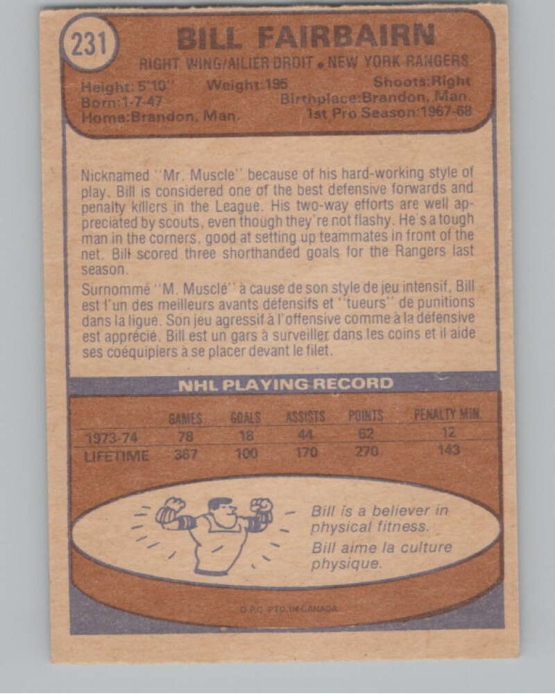 1974-75 O-Pee-Chee #231 Bill Fairbairn New York Rangers V103718 Image 2