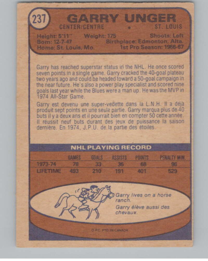 1974-75 O-Pee-Chee #237 Garry Unger St. Louis Blues V103719 Image 2