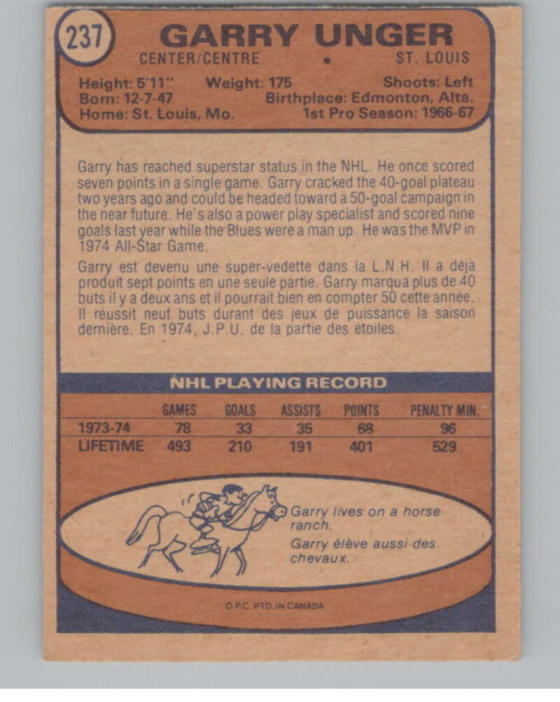 1974-75 O-Pee-Chee #237 Garry Unger St. Louis Blues V103720 Image 2
