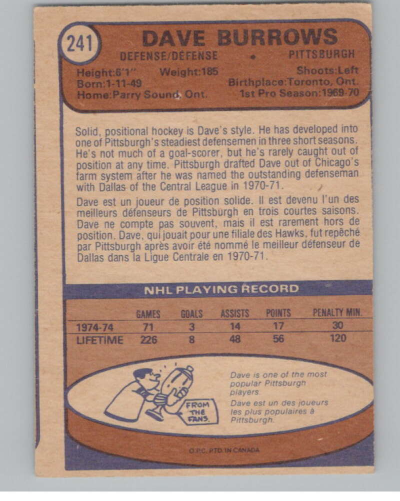 1974-75 O-Pee-Chee #241 Dave Burrows UER Pittsburgh Penguins V103726 Image 2
